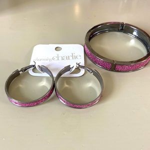 NWT Charming Charlie Sparkly Purple Hoops and Bracelet